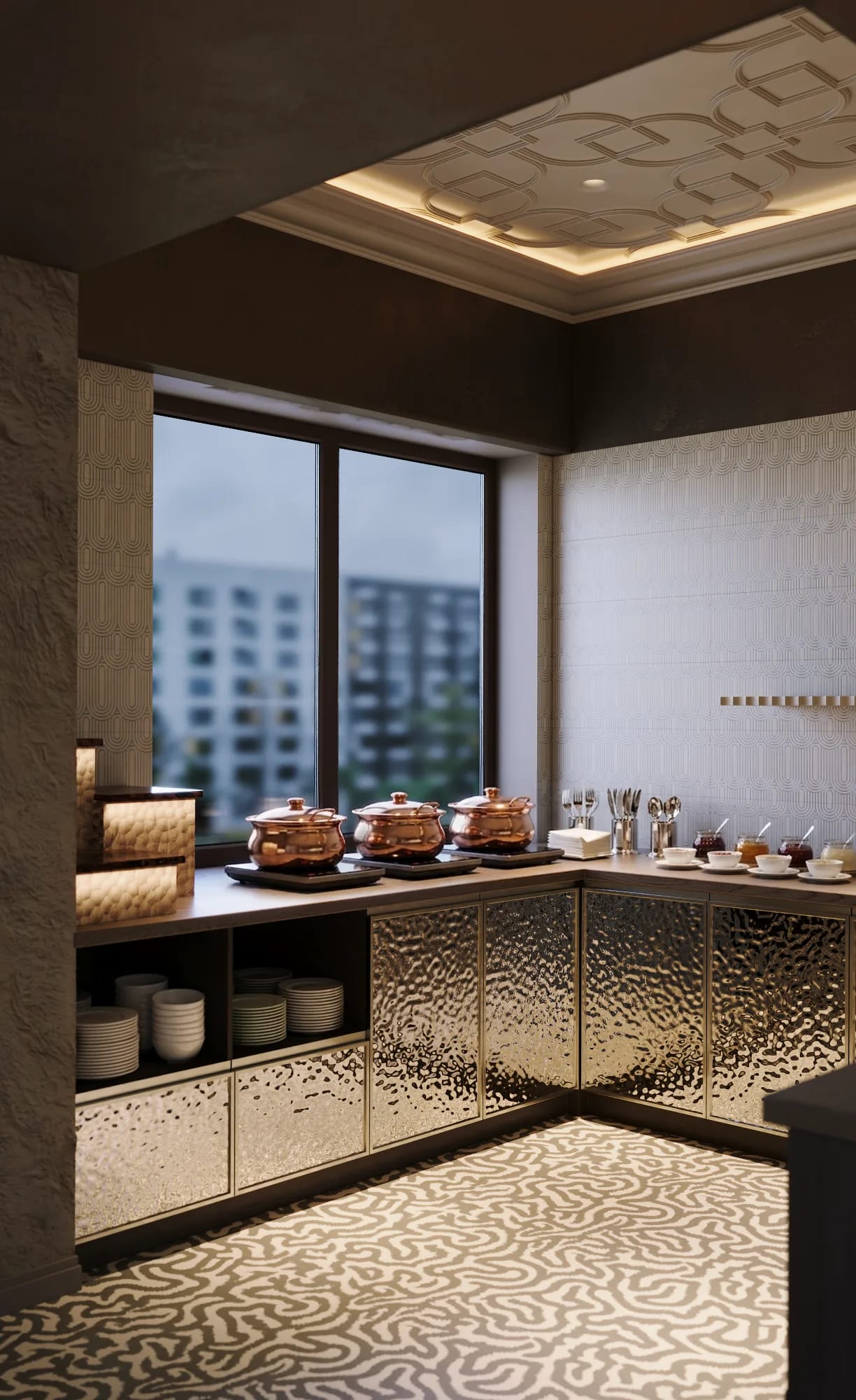 Breakfast line: a lit buffet by the window