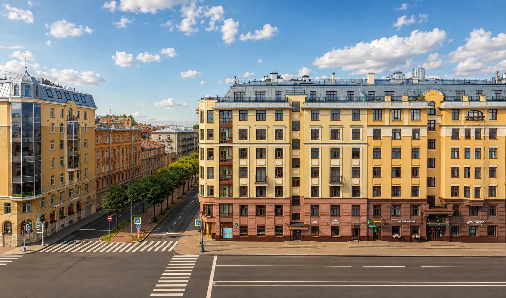 Standard room with two single beds: the view from the window onto a line of Vasilyevsky Island