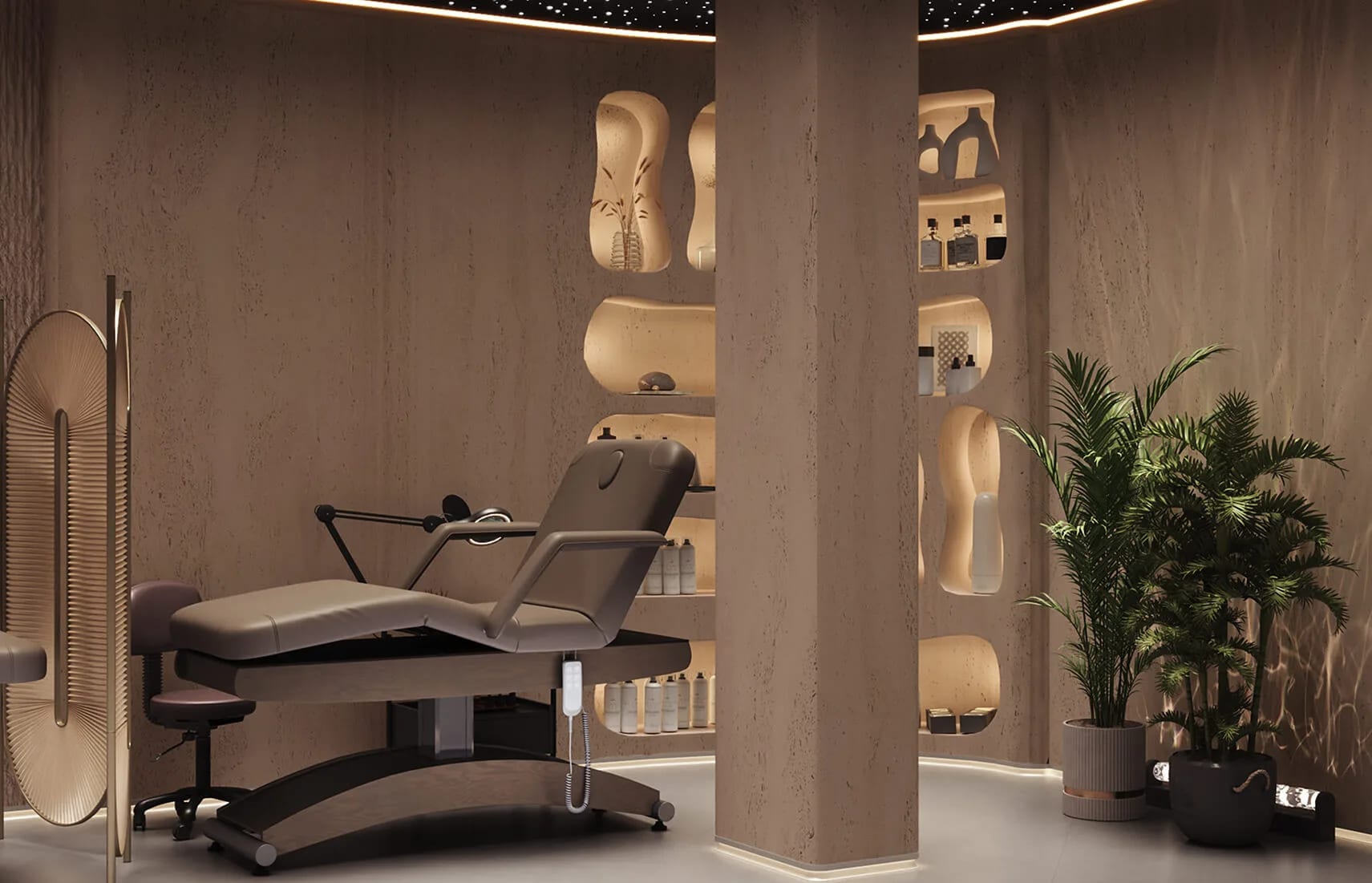 Massage room with a chair and plants
