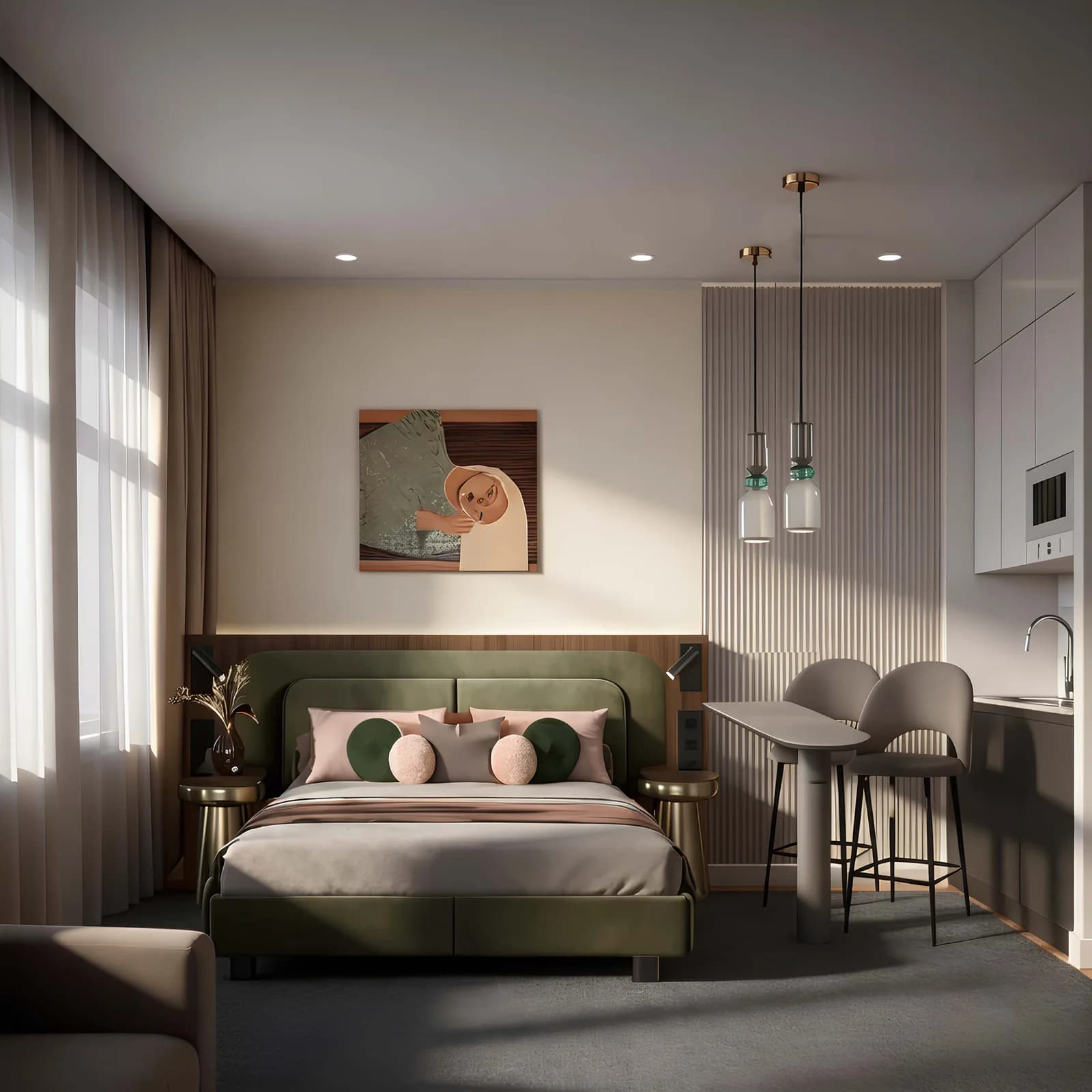 A bedroom with an emerald headboard and soft textiles