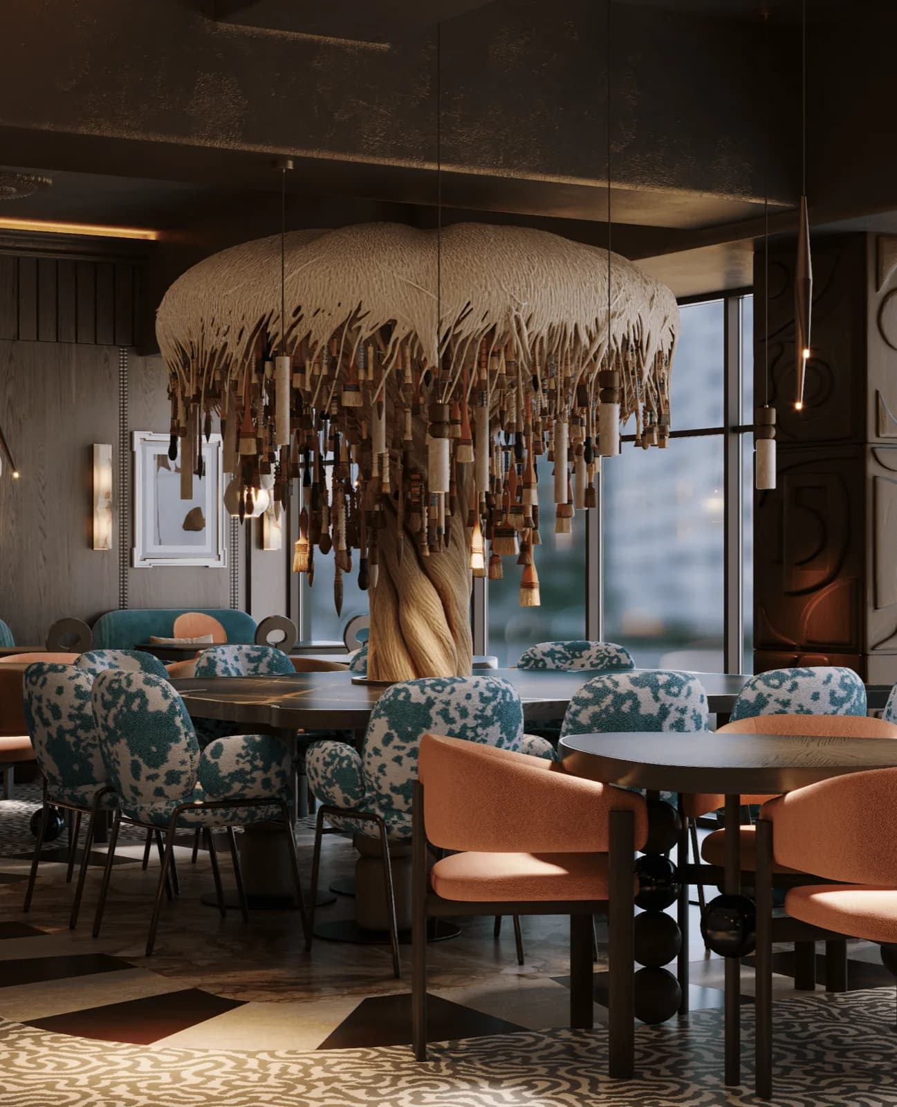 The restaurant room: tables under the arch and soft light