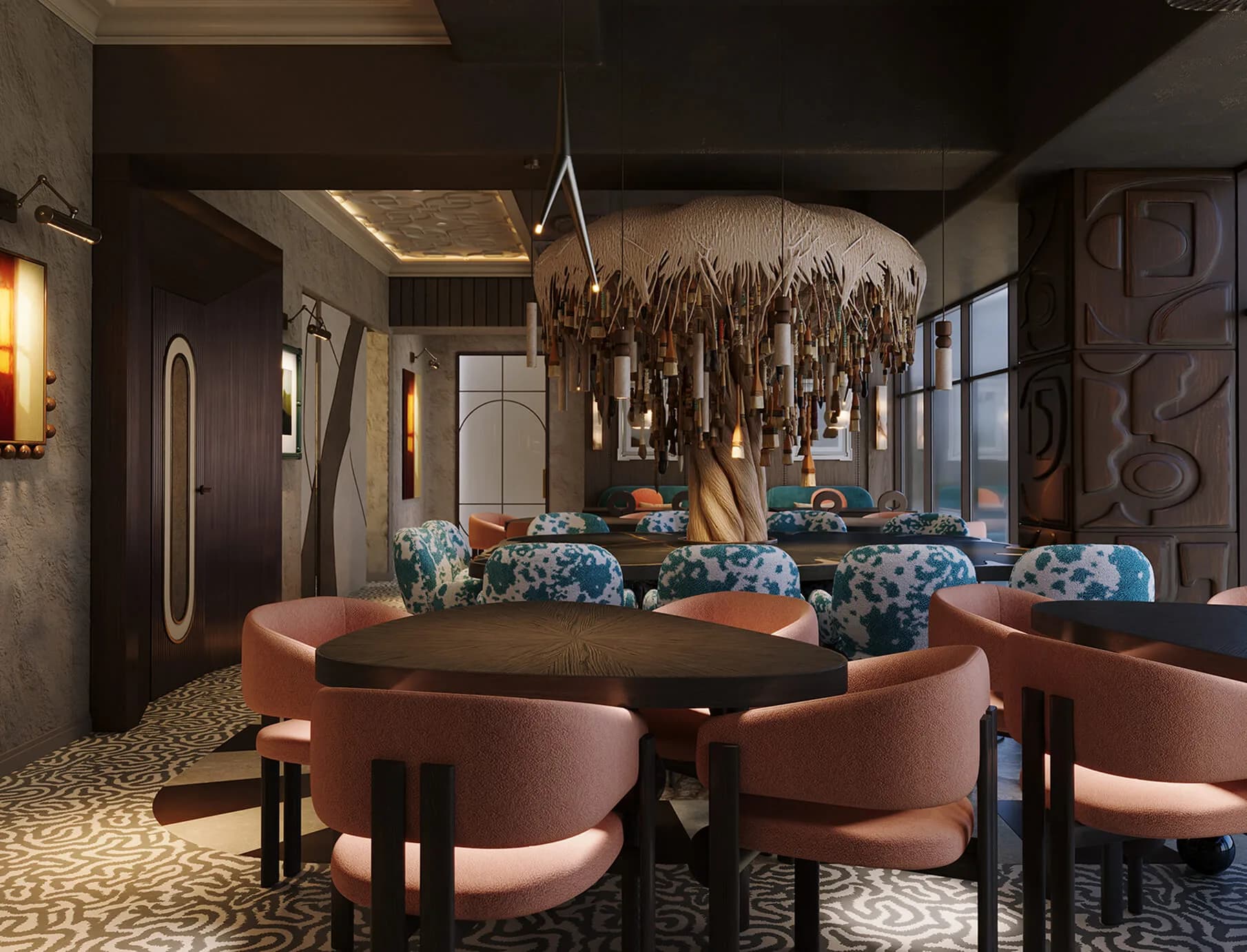 The restaurant room with greenery and soft armchairs