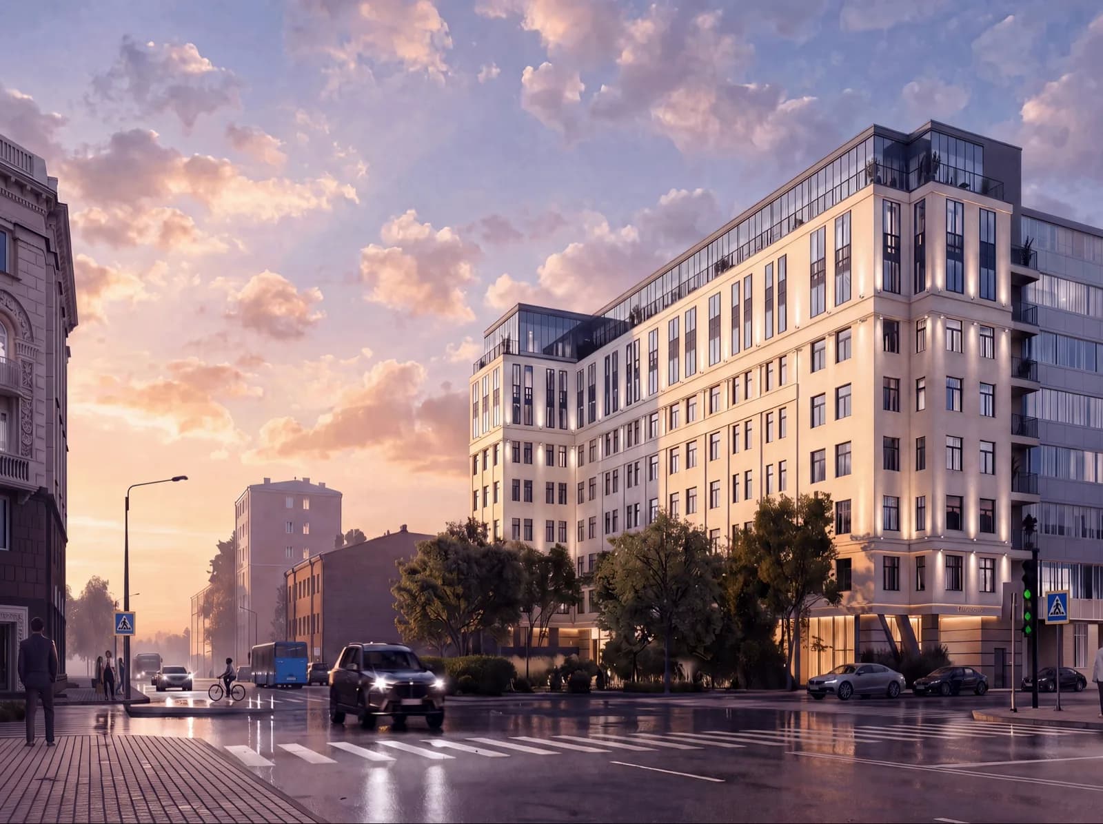 Artel 17/52 at sunset: the facade from the 17th Line of Vasilyevsky Island